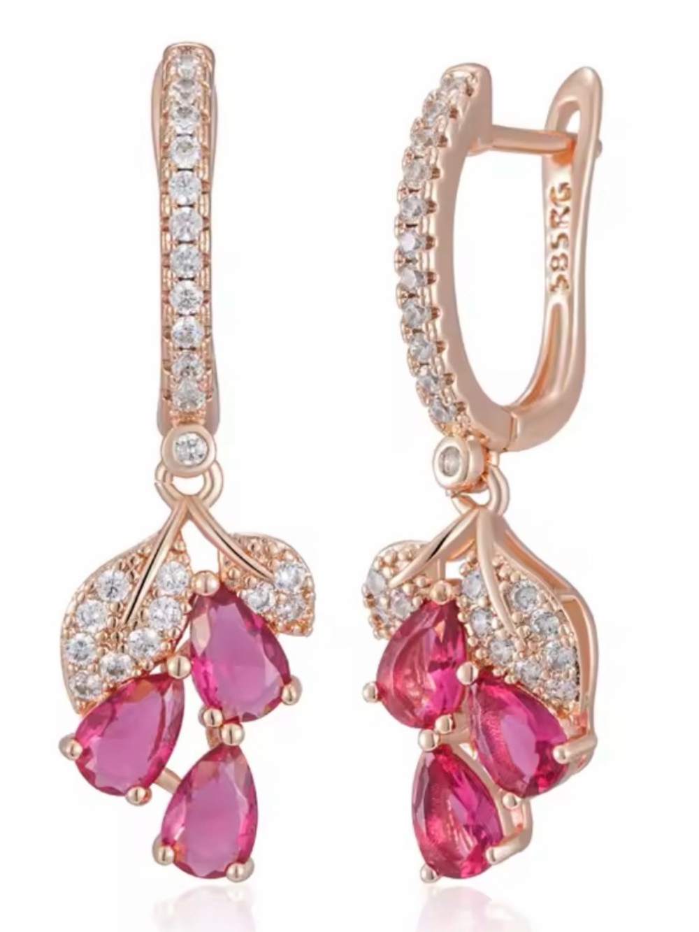 Rose Gold plated Pink Crystal Teardrop Dangle Earrings - Elegant Women Jewelry - Picture 8 of 9